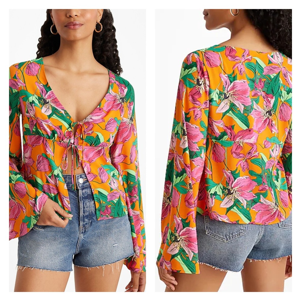 Express Floral V-Neck Kimono Sleeve Double Tie Front Top Womens S Tropical Boho